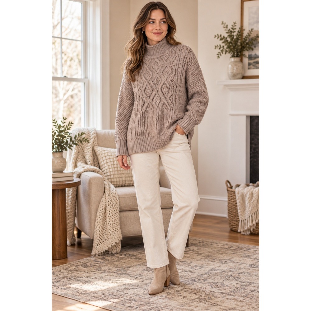 Cozy cottagecore Cable Knit Sweater Womens Med soft pink Mock Neck Chunky Ribbed